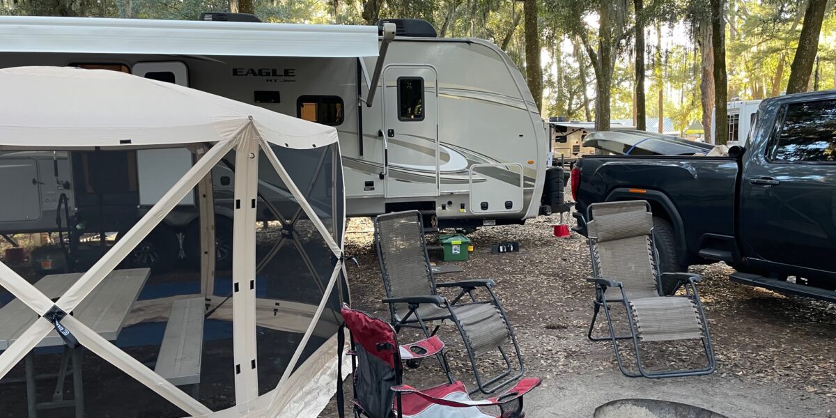 Camping with Clamshell canopy