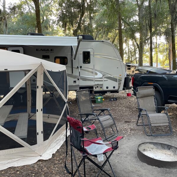 Camping with Clamshell canopy