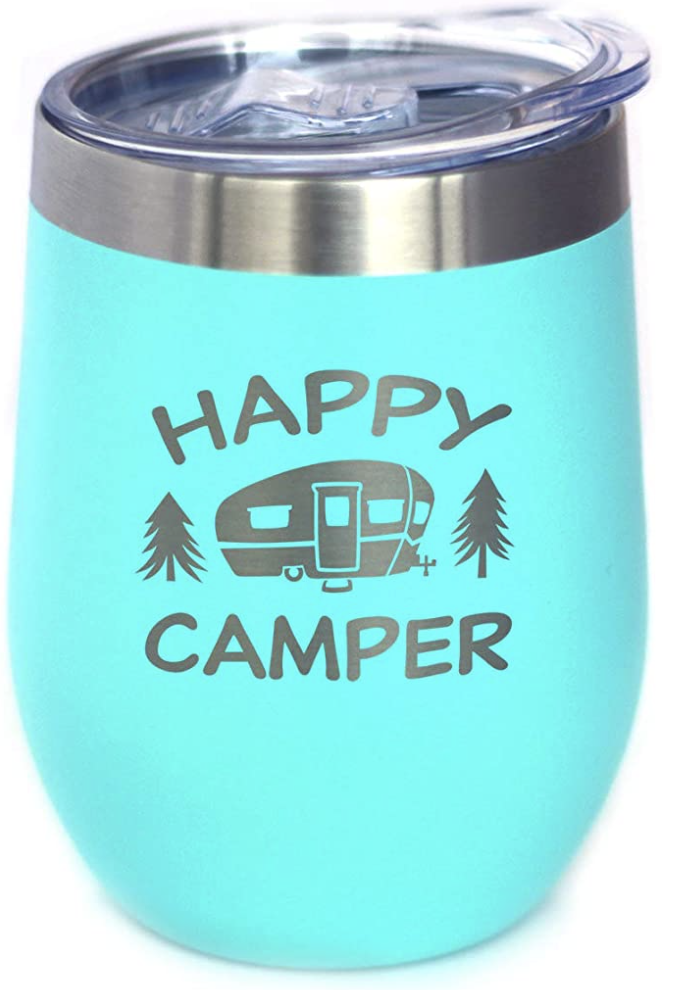 steel insulated stemless wine cup gift idea for RV owners that says "Happy Camper" on it